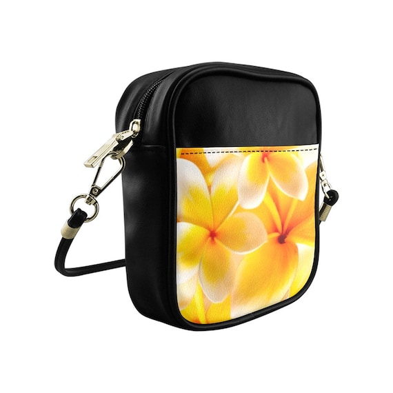 Frangipani Print Shoulder Sling Bag: Yellow Floral PU Leather