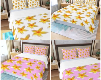 Yellow Frangipanis on White or Pink New Polyester Doona or Duvet Bed Covers in various sizes for Home Decor