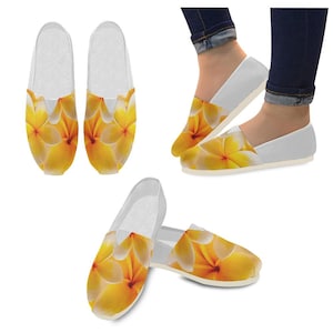 Women&#39;s Slip On Canvas Flat Shoes in two different Frangipani or Plumeria designs Up to Size 14