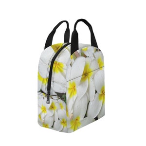 Insulted Lunch Bag With Handles For Your Picnic or Work Lunch in a Fresh White Frangipanis or Plumeria Design