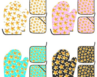 Yellow Frangipanis Four Piece Pot Holder & Oven Mitt Set in 4 designs