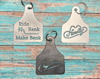 Stainless steel large cattle ear tag key chain with cowboy cutouts