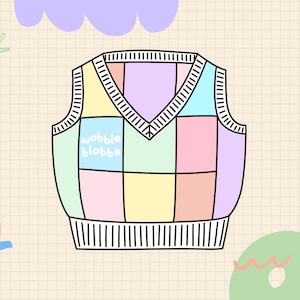 Könnte beinhalten: Eine pastellfarbene Strickweste mit V-Ausschnitt und Patchwork-Design. Die Weste hat einen schwarzen Umriss und der Text "wobble blobber" ist in Weiß auf der Vorderseite geschrieben.