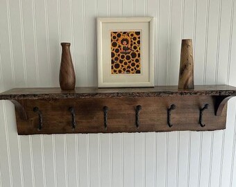 Live Edge Shelf & Coat Rack 36" with Vintage Hooks