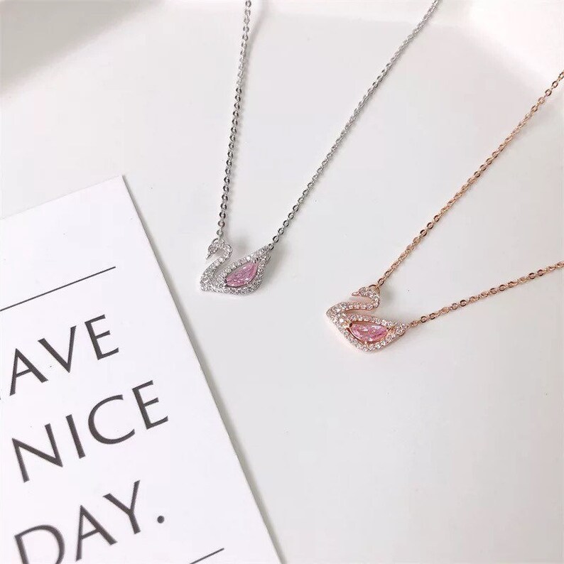 Pink crystal swan zircon elegant charm necklace luxury