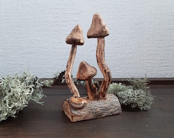 Hand carved wood mushroom with green cotton cord