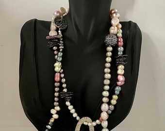 Long Necklace for double looping made with Fresh Water Pearls, Bali Silver, Nepalese Beads and a Toggle clasp made by the Karen Hills people