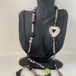 Long Statement Necklace with Lilac Jasper, Onyx, Amethyst, Flourite, Chaleedony and Silver Beads.
