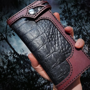 Leather Long Wallet With Embossed Gator Inlay | Handmade Trucker Wallet