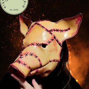 Stitched Leather Pig Mask | Horror Pig Mask for Halloween & Cosplay | Handmade Creepy Animal Mask | Distressed Leather Pig Costume