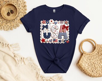 USA Faux applique letters patriotic T-Shirt | Fourth of July flag stars stripes | Independence Day Tee