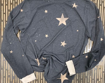 Custom Long Sleeve Star T-shirt,  Bleached Star T-shirt, Patriotic T-shirt, Stars in the sky Tee, Minimalist Star T-shirt, Bella Canvas tee