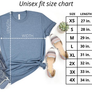 May include: A size chart for a unisex t-shirt, showing measurements in inches for length and width. The chart includes sizes XS through 4X.