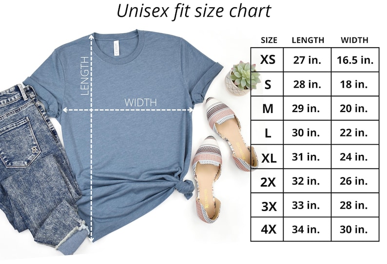 May include: A size chart for a unisex t-shirt, showing measurements in inches for length and width. The chart includes sizes XS through 4X.