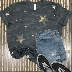 Custom Black Camo Bleached Star T-shirt, 4th of July Star Shirt,  Patriotic T-shirt, Camo T-shirt, Minimalist Star Tshirt, LAT Camo Tee