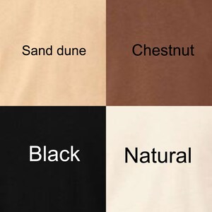 May include: Four fabric swatches arranged in a grid. The swatches are labelled "Sand dune", "Chestnut", "Black", and "Natural".