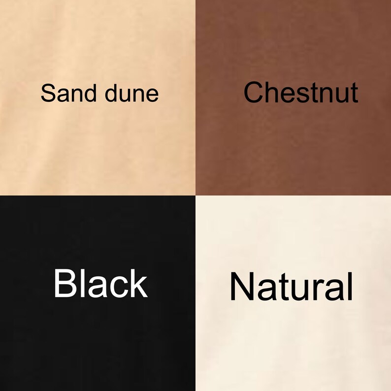 May include: Four fabric swatches arranged in a grid. The swatches are labelled "Sand dune", "Chestnut", "Black", and "Natural".
