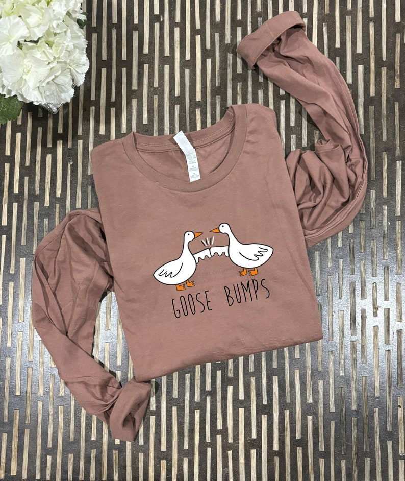 May include: A long-sleeved mauve t-shirt with a graphic of two geese bumping fists and the text "Goose Bumps".