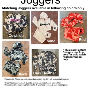 May include: A set of acid-washed joggers with a "Dodgers" graphic in various colors, including cowhide, sand, red, black, and dark heather. The joggers are approximately 11.5-12 inches wide and the sleeves are 3 inches high, with a maximum width of 5 inches.