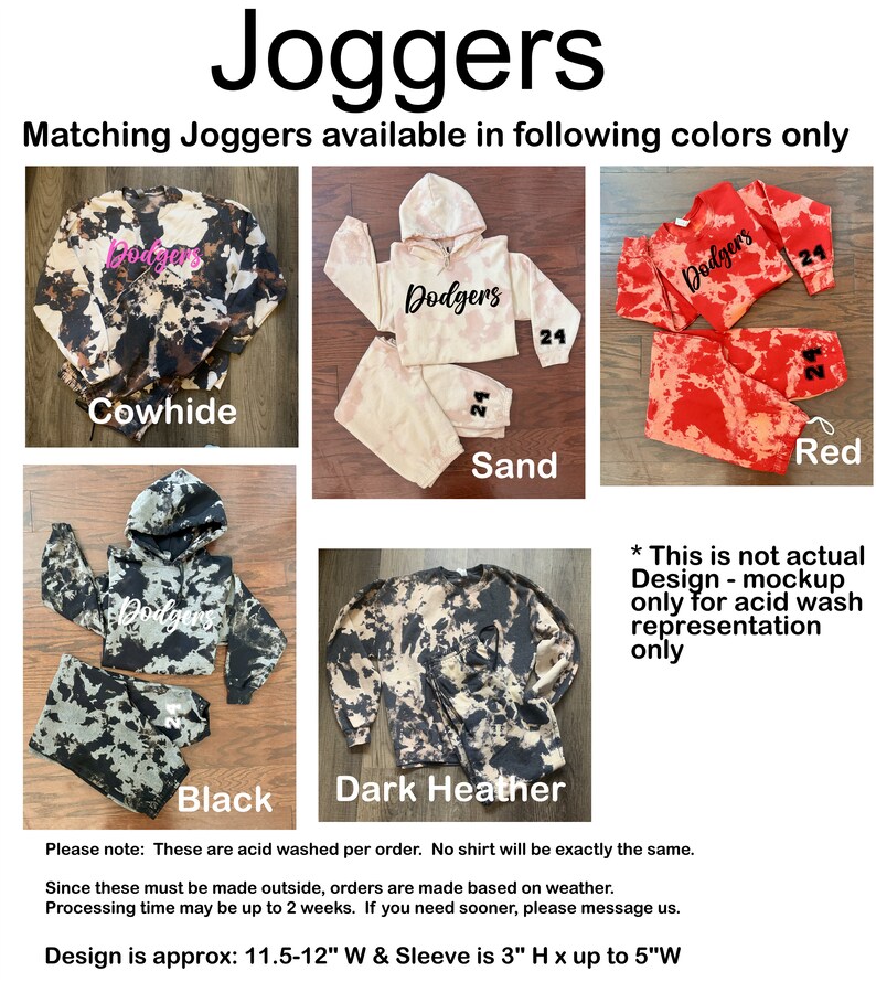 May include: A set of acid-washed joggers with a "Dodgers" graphic in various colors, including cowhide, sand, red, black, and dark heather. The joggers are approximately 11.5-12 inches wide and the sleeves are 3 inches high, with a maximum width of 5 inches.