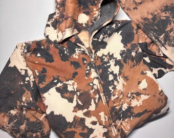 Cowhide Reverse Tie Dye Acid Wash Zip Up Hoodie, Custom Vintage Hoodie, Distressed Vintage Look Hoodie, Full zip Acid Wash hoodie