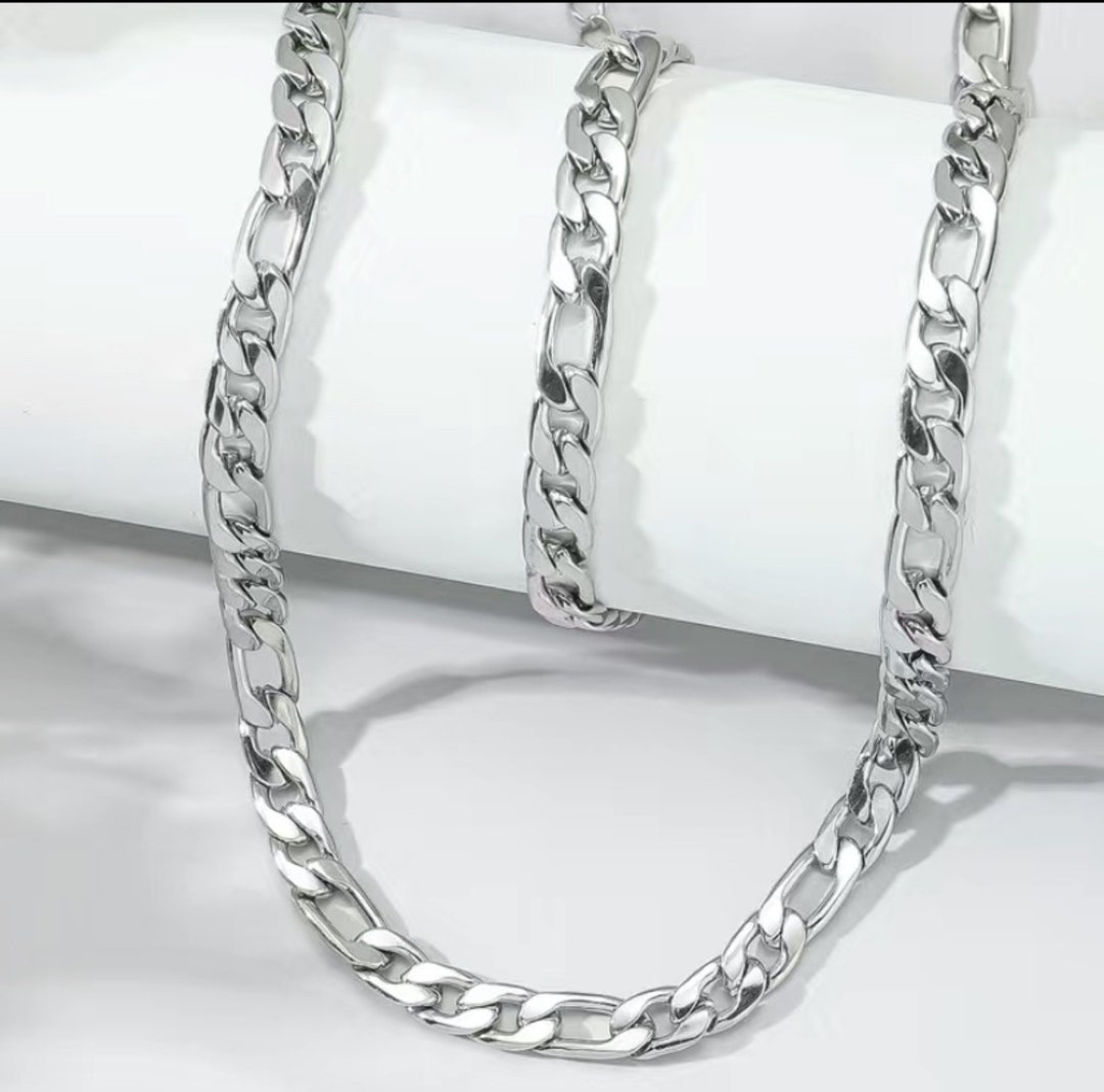 Heavy Titanium Stainless Steel Figaro Chain Necklace and Bracelet Set