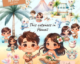 May include: A digital illustration of a couple in Hawaiian attire, with a tropical background. The man is playing a ukulele and the woman is wearing a hula skirt. The background includes a palm tree, a volcano, a beach hut, and a surfboard.