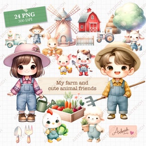 Aquarelle sur le thème de la ferme, clipart mignon garçon et fille à usage commercial, PNG transparents, clipart animal mignon dessin animé