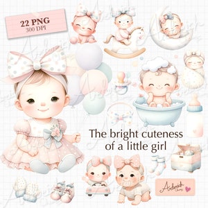 Clipart de menina aquarela, clipart recém-nascido fofo para uso comercial, PNGs transparentes, tom de cor pastel suave