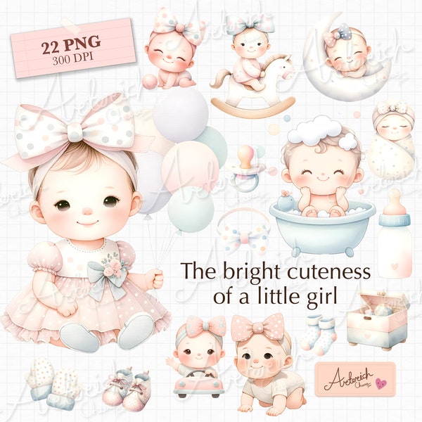 Watercolor baby girl clipart,cute new born clipart for commercial use, Transparent PNGs, soft pastel color tone