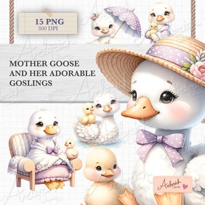 水彩ガチョウのクリップアート、商用利用可能なかわいいクリップアート、透明なPNG、紫の水玉模様のパステルカラー