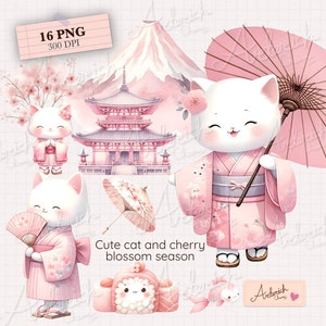 Imágenes prediseñadas de gato acuarela, imágenes prediseñadas de flor de cerezo rosa para uso comercial, PNG transparentes, tono de color pastel rosa
