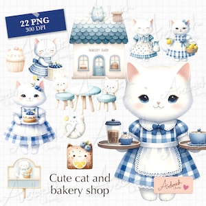 Clipart chat aquarelle, clipart de boulangerie à usage commercial, PNG transparents, scotch bleu habillé