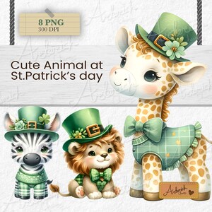 Può includere: Illustrazioni di animali carini per il giorno di San Patrizio. Una giraffa, una zebra e un leone indossano cappelli verdi e abiti con disegni di trifoglio.