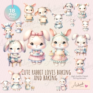 Aquarell Buuny Clipart, Clipart für kommerzielle Nutzung, transparente PNGs, süße Bäckerei in Pastellfarben, süßes Kaninchen liebt Backen und Backen