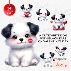 Een schattige witte hond met zwarte oren op Valentijnsdag, aquarel witte hond illustraties, illustraties voor commercieel gebruik, transparante PNG's