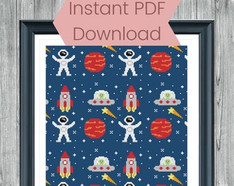 Repeating Space Pattern - Space Nursery Decor - Downloadable Cross Stitch Pattern - Rocket, Astronaut, UFO, Alien, Shooting Star, & Planet