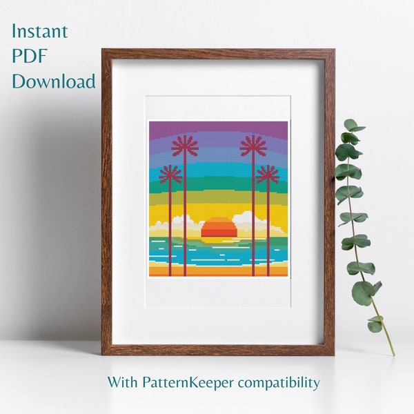 Modern Palm Tree Cross Stitch - Bold Colourful Landscape - Sunset on Holiday - Instant PDF Download - Full Coverage Counted DMC Cross Stitch