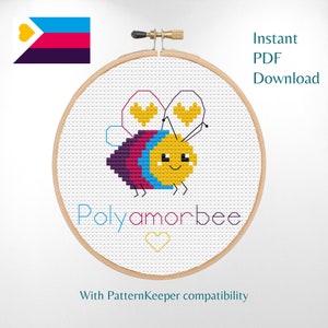 Polyamorbee Cross Stitch Pattern - New Polyamory Pride Flag - Cute and Simple, Easy for Beginners - Instant PDF Download - Stocking Filler