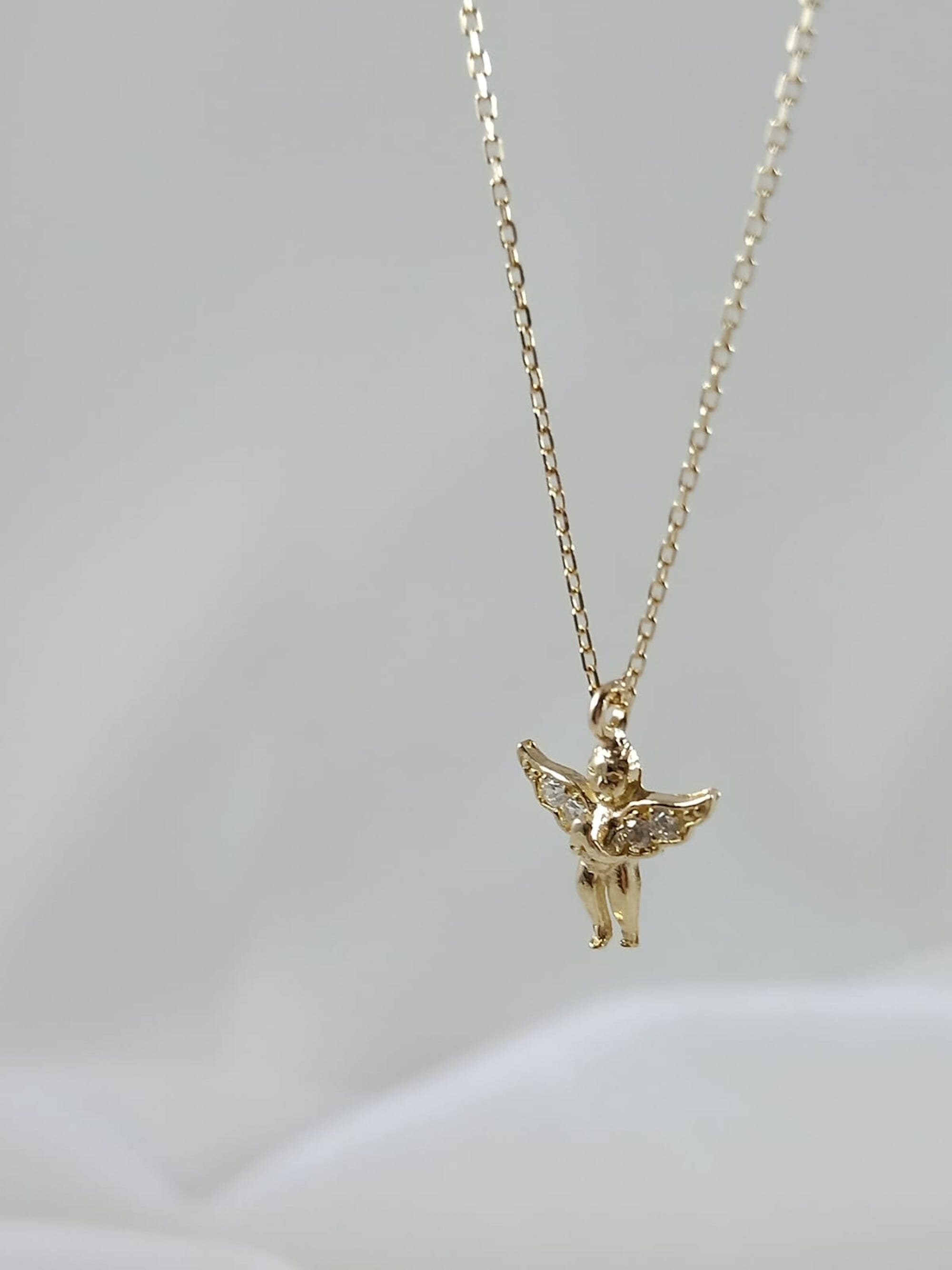 14k Solid Gold Angel Necklace Dainty Gold Angel Wings Etsy