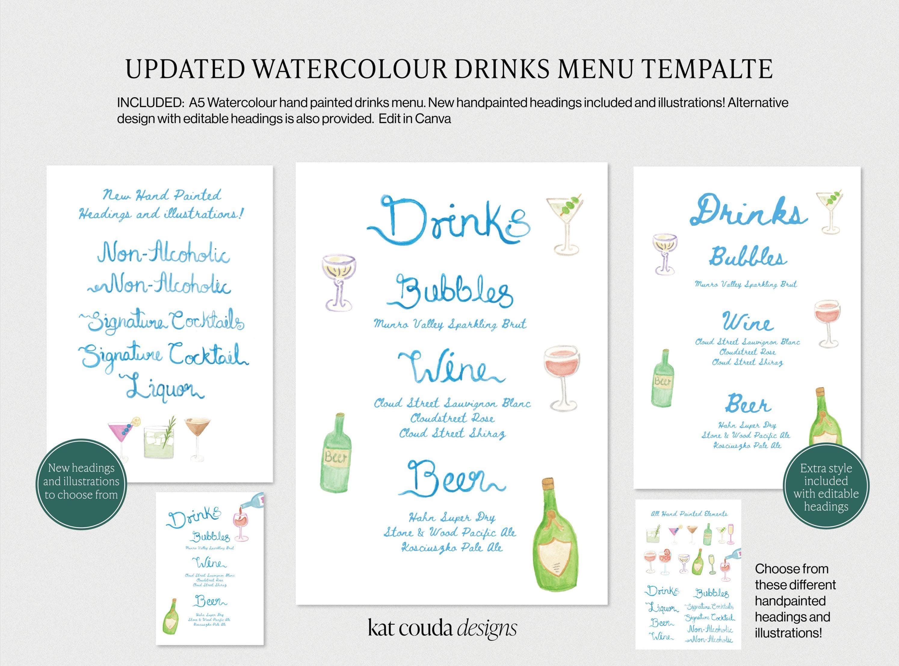 UPDATED! Editable Watercolour Wedding / Event Drinks Menu Template ...