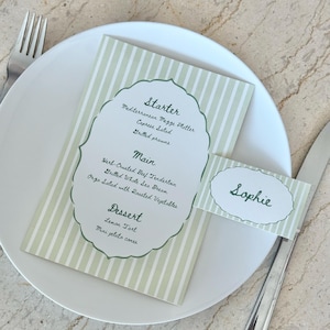 Entièrement personnalisable | de menu pour mariage/événement à rayures dessinées à la main et marque-place | Conception fantaisiste | Modèle numérique facilement modifiable |