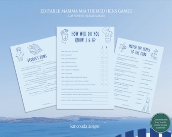 Editable Mamma Mia themed Hens Games Template| Bachelorette Games | Bridal Shower | Greek theme | Game Bundle | Greek Bachelorette | Canva