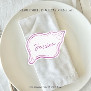 Plantilla editable para tarjeta de lugar con diseño de concha / Borde pintado a mano / Despedida de soltera / Boda / Despedida de soltera / Tarjeta de nombre / Para imprimir y recortar / Concha marina