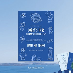 Modello di invito per addio al nubilato a tema greco Mamma Mia / Illustrazioni disegnate a mano / Modificabile in Canva / Addio al nubilato / Tema greco