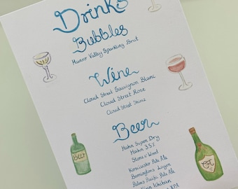 May include: A watercolor menu featuring drinks, bubbles, wine, and beer. The menu includes a list of beverages such as Munro Valley Sparkling Brut, Cloud Street Sauvignon Blanc, and Hahn Super Dry. The menu is hand-drawn with blue and green accents.