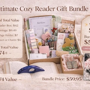 May include: An Ultimate Cozy Reader Gift Bundle, featuring a box filled with book-themed accessories. Includes a Cozy Reader Box, book earrings, a thumb page holder, and a Kindle insert or charm. The bundle is a limited-time offer.