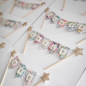 Personalised Floral Cake Topper Bunting | Handmade Birthday party cake bunting decoration | Liberty London fabric bunting cake topper