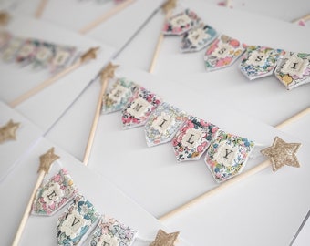 Personalised Floral Cake Topper Bunting | Handmade Birthday party cake bunting decoration | Liberty London fabric bunting cake topper