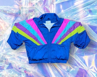 Vintage Retro 80s Trainingsjacke Blau/Bunt XS